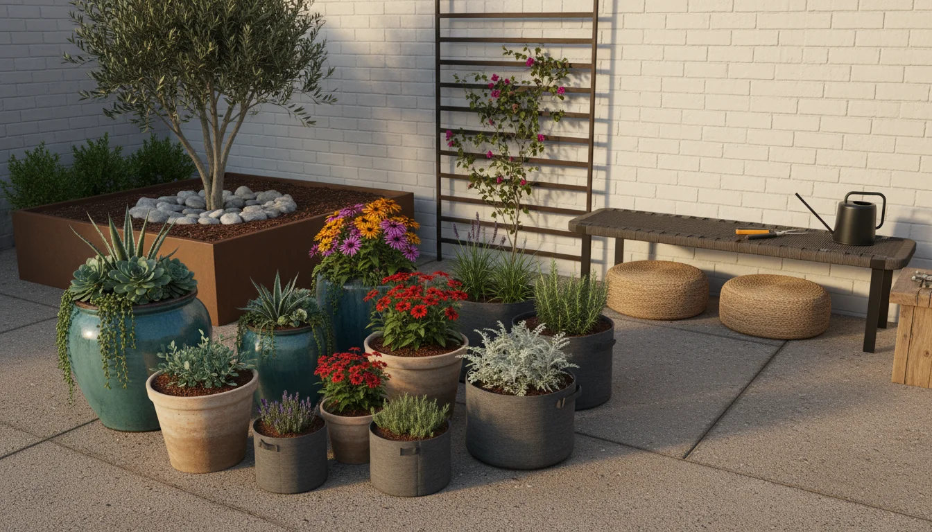A stylish, low-maintenance patio corner featuring strategically grouped, mulched containers with drought-tolerant plants and subtle drip irrigation sy