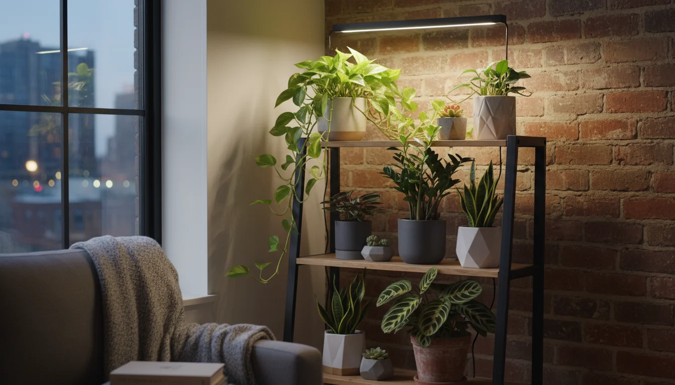 A stylish plant shelf in an apartment with several green houseplants thriving under a small, warm LED grow light. A person's arm is visible in the bac