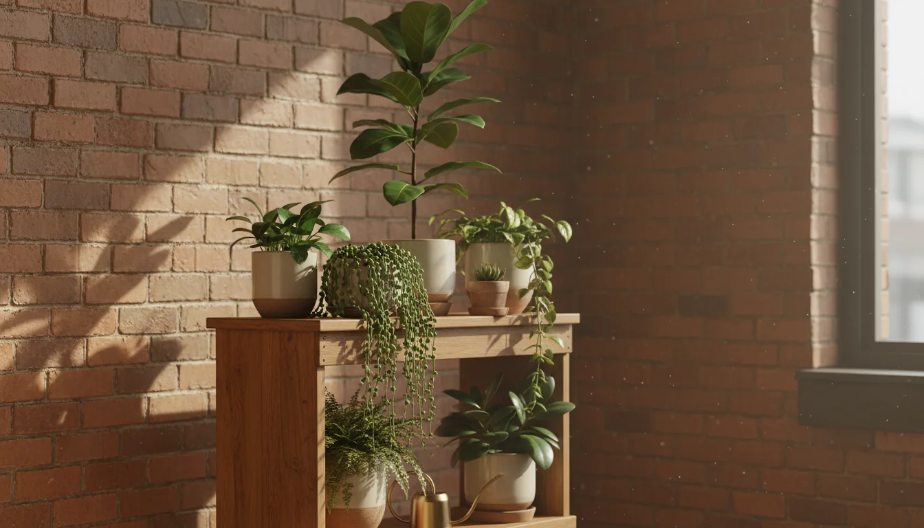 Stylish two-tiered wooden stand with varied houseplants in cream & terracotta pots. Features tall plant, trailing vines, bushy foliage, plus a brass w