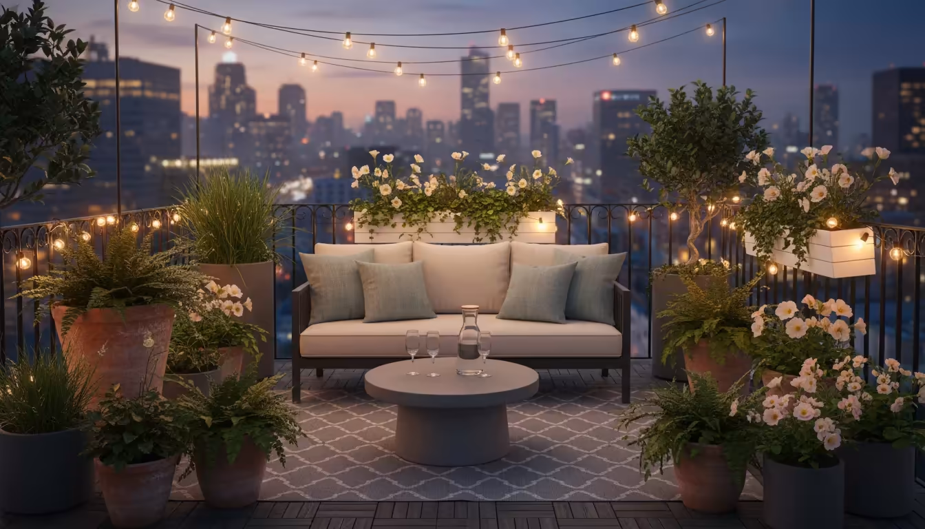 Stylish urban balcony garden at dusk with diverse container plants, soft string lights, and city lights in background.