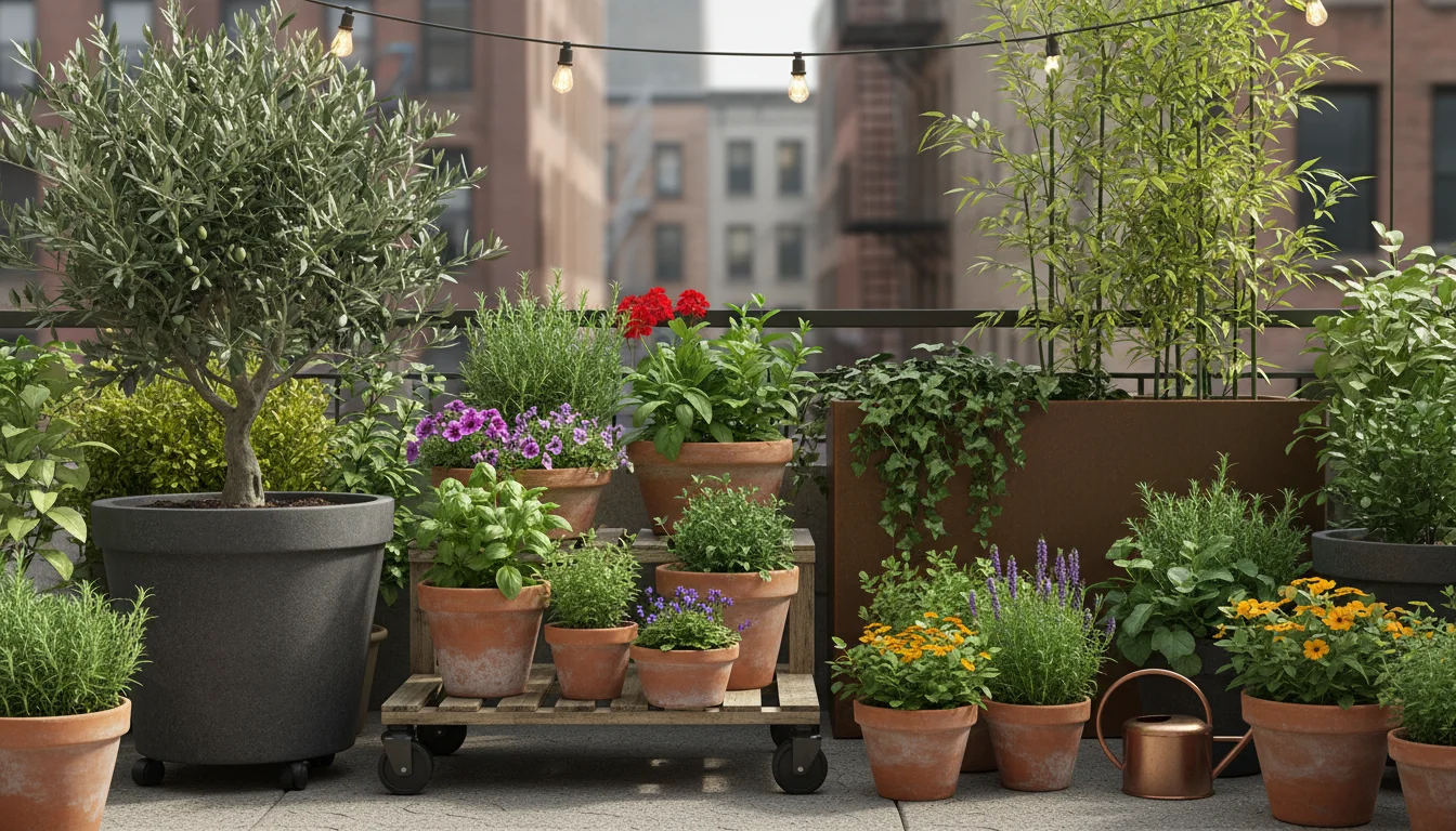 A stylish urban patio garden with a dwarf olive tree in a wheeled planter, herbs on a portable caddy, and succulents in a metal trough, highlighting f