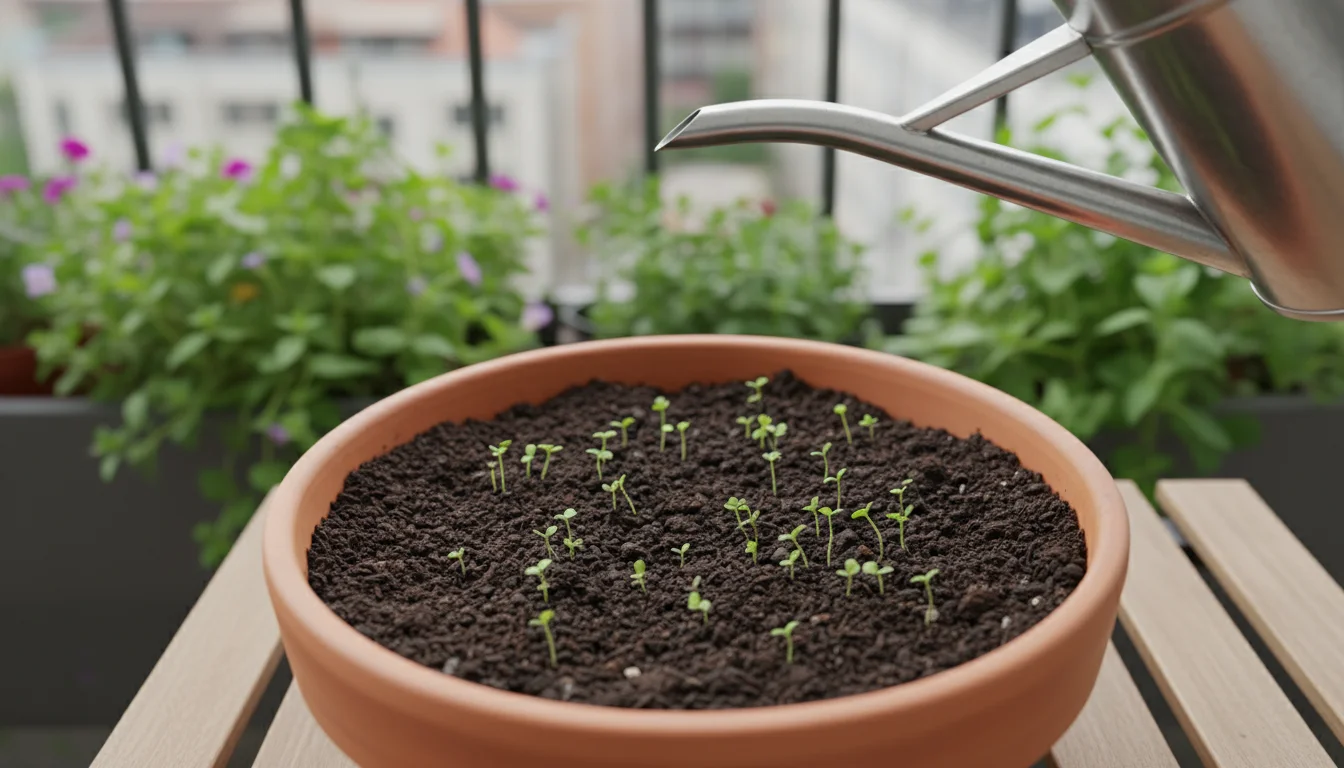Slightly overhead shot of a stylish watering can finishing watering crumbly, dark soil in a terracotta pot, showing even water absorption.