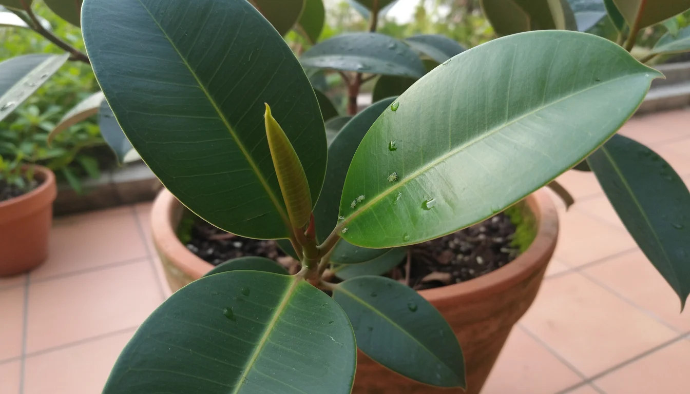 A subtle cluster of tiny pale green pests hidden in the leaf axil of a lush Ficus elastica plant on a patio.