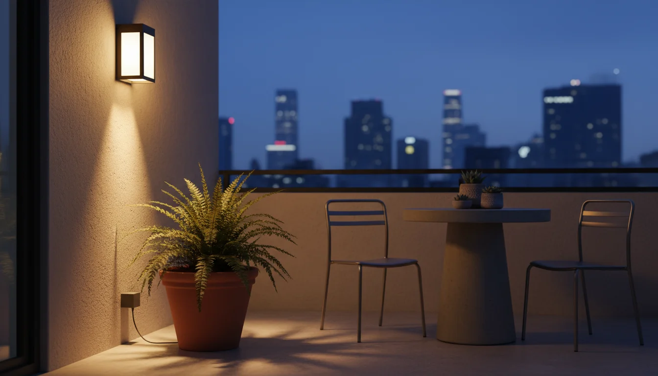 Subtle uplighting illuminates a fern, while a diffused lantern casts a soft glow on succulents on a balcony at dusk, ensuring no glare.