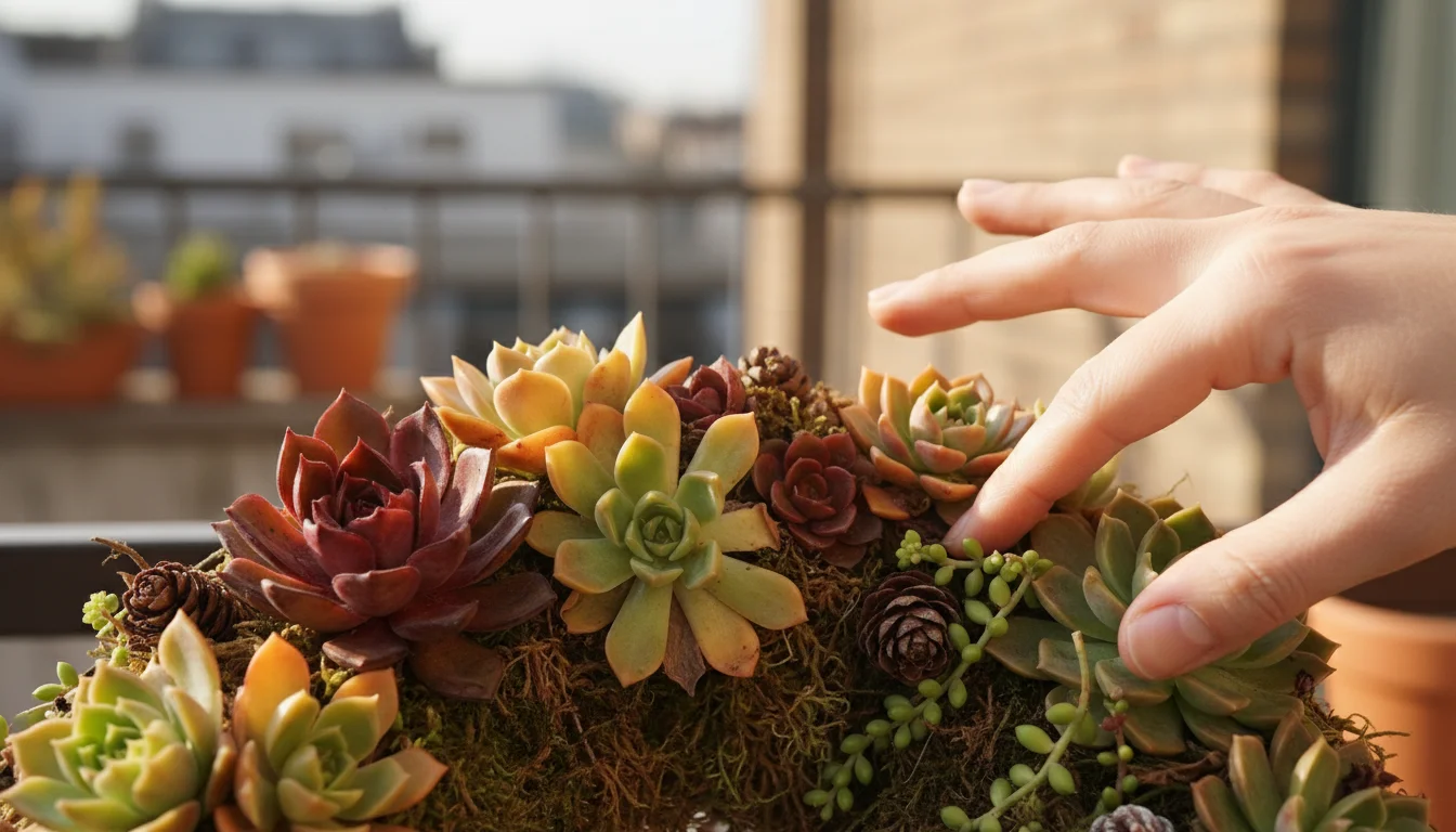 Close-up of a succulent on a fall wreath with shriveled leaves, a hand gently touching it to diagnose the problem.