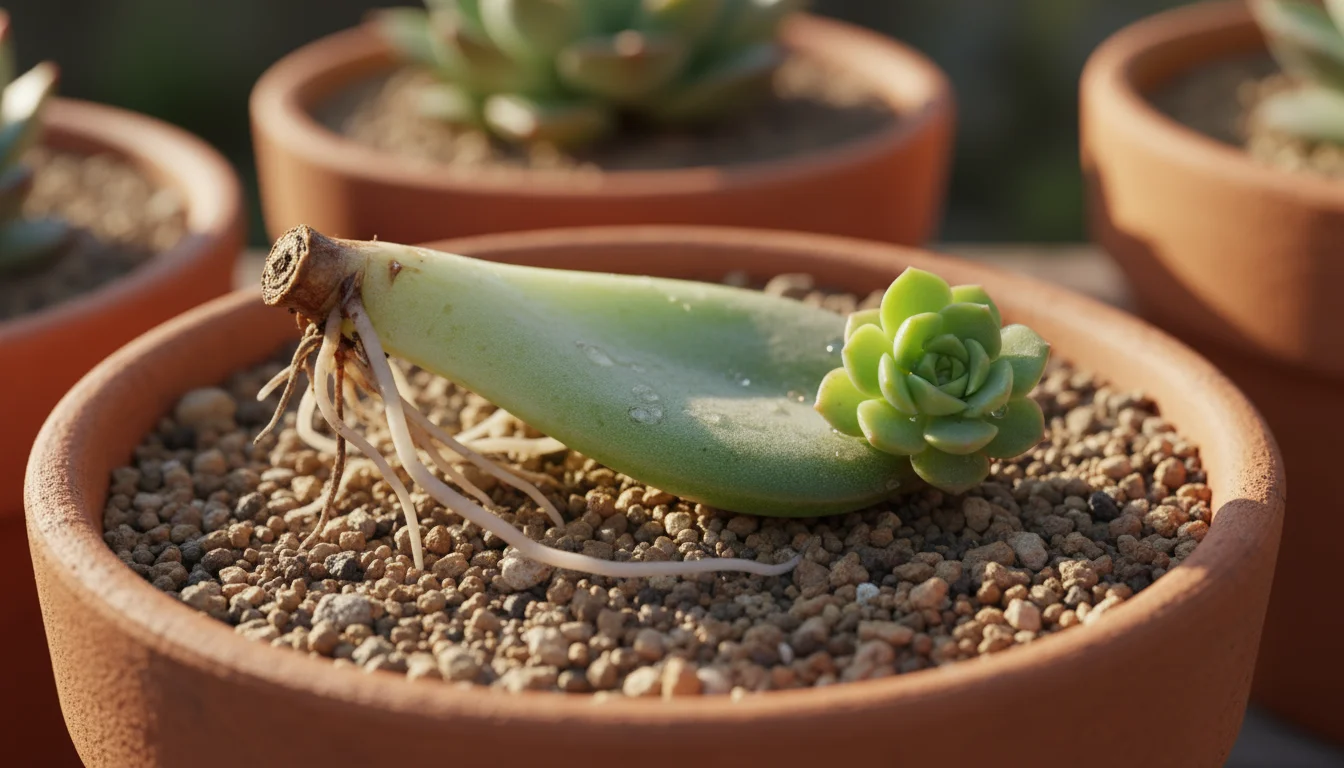 Macro photo showing a succulent leaf cutting with new roots and a tiny plantlet growing from it in a small terracotta pot on a sunny balcony.