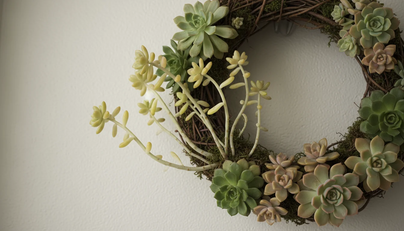 Close-up of a succulent wreath showing several leggy succulents with stretched stems and spaced-out leaves.