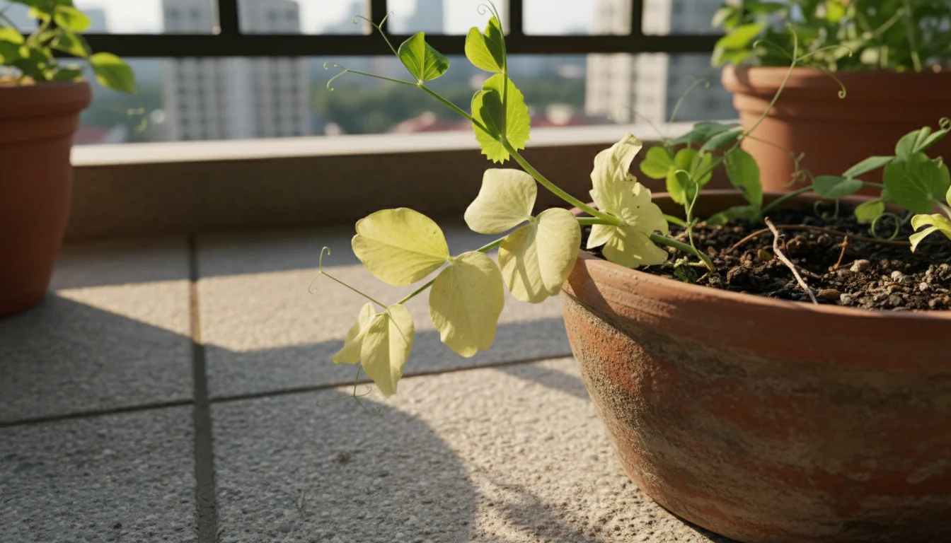Close-up of a sugar snap pea plant in a terracotta pot on a balcony, showing uniformly pale yellow lower leaves against greener upper leaves.