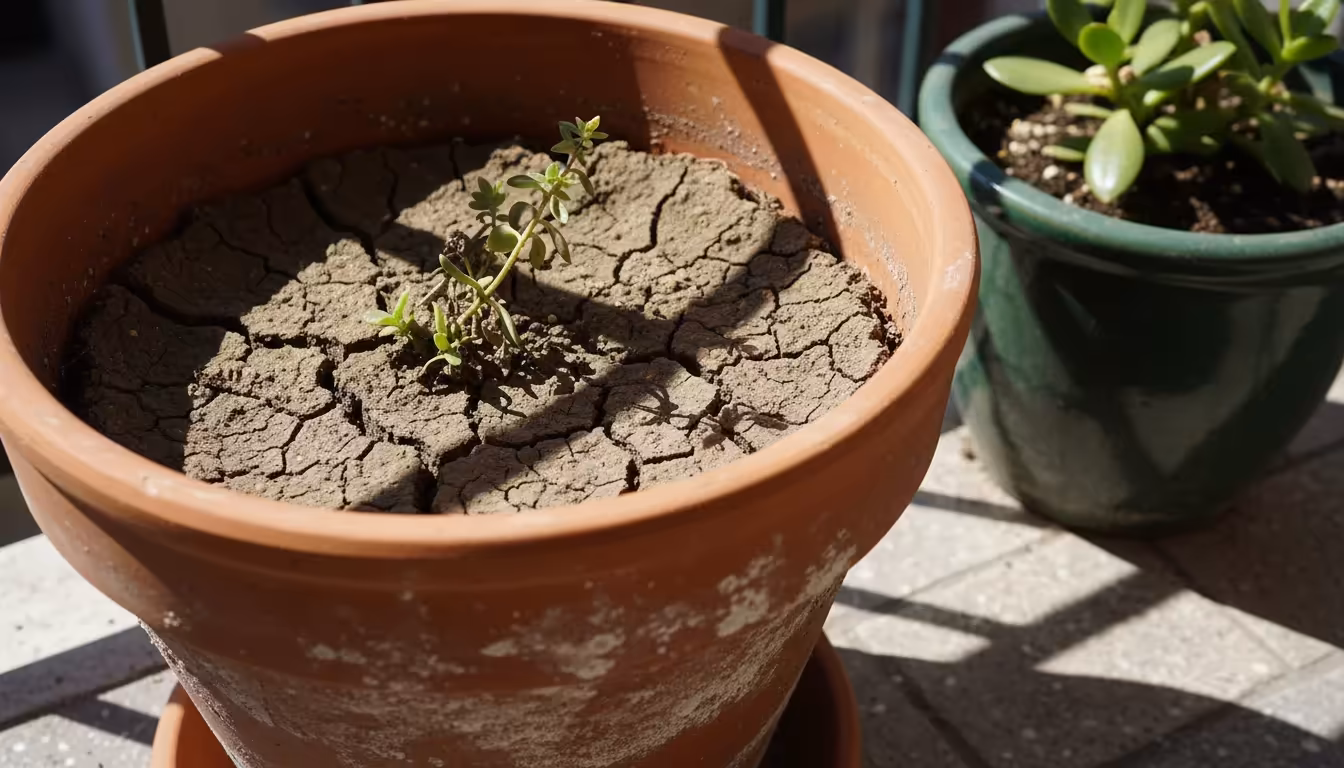 A sun-baked terracotta pot on a balcony with dry, cracked soil and a wilting plant, next to a healthier plant in a different pot.