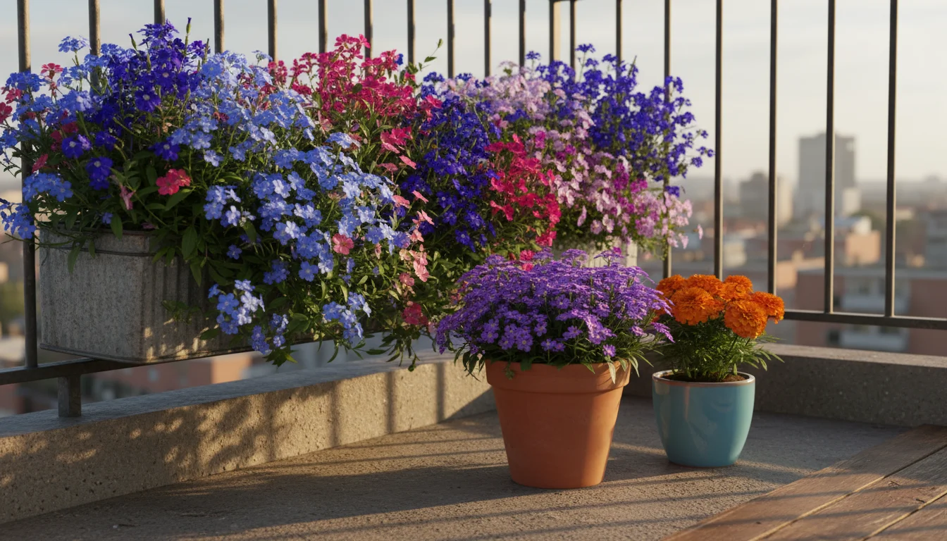 Sun-dappled balcony with containers demonstrating plant color palettes: analogous blue/purple/pink railing planter, monochromatic purple pot, compleme