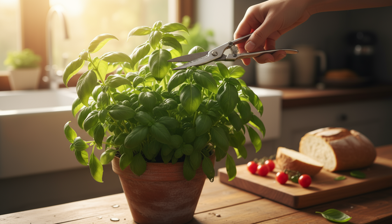 Hands inspecting drainage on an empty terracotta pot, surrounded by potting mix and various planters on a balcony table.