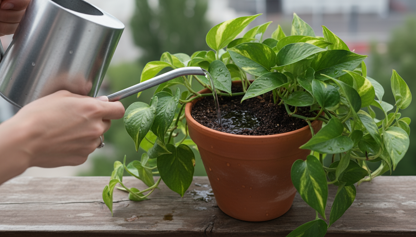 A person observes a collection of houseplants on a small patio, including a Pothos, Peace Lily, fern, and succulent. A notebook is nearby.