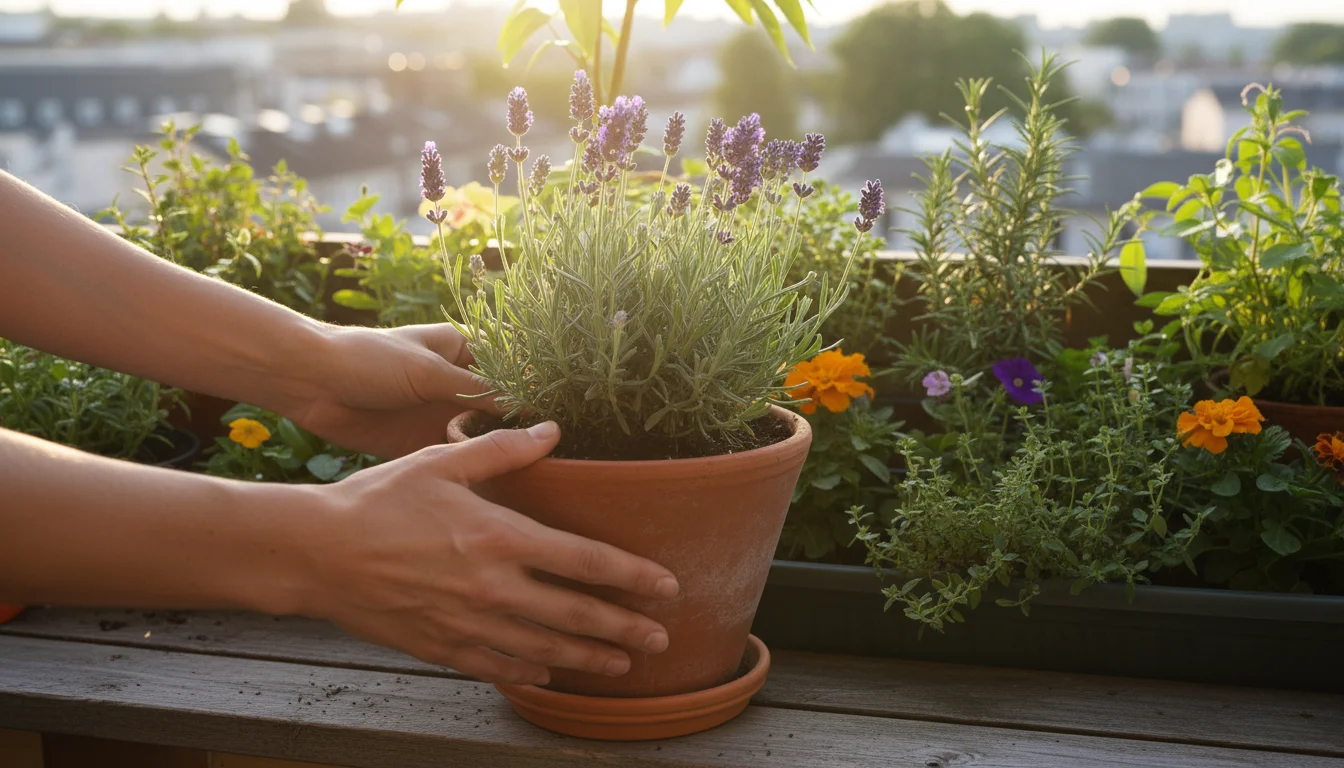 Sun-dappled hands gently rotate a healthy lavender plant in a terracotta pot on a weathered wooden balcony railing, surrounded by blurred thriving pla