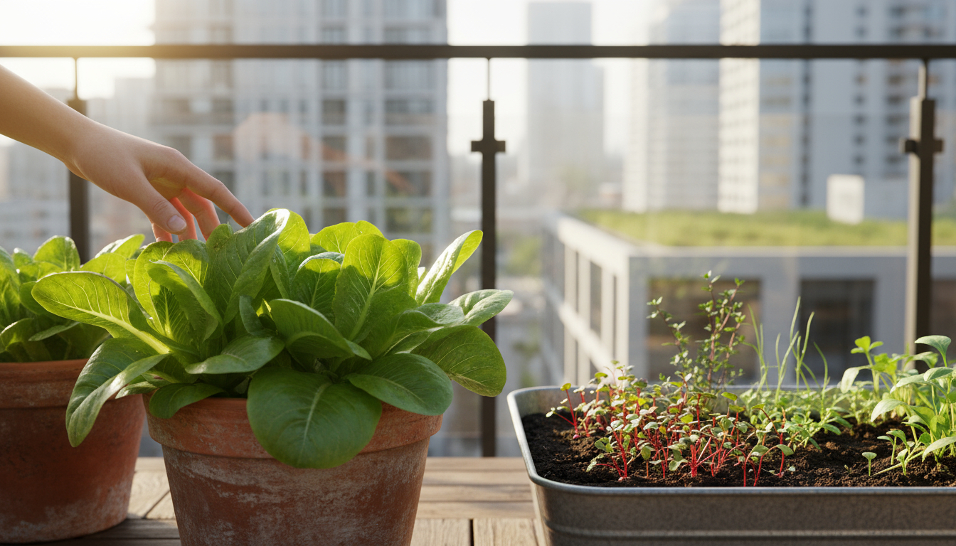 A small patio container garden featuring mature romaine lettuce next to newly sprouted radish seedlings, illustrating succession planting.