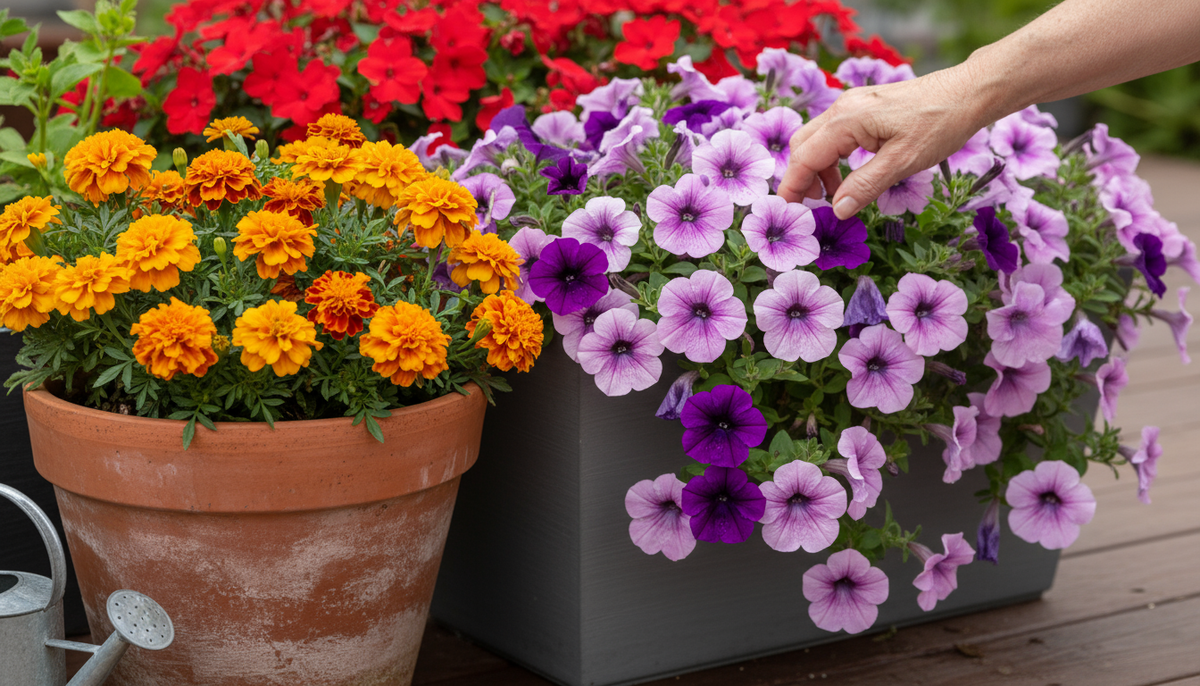 A senior woman's finger tests soil moisture in a terracotta basil pot on a sunlit patio, surrounded by well-spaced, healthy container plants.