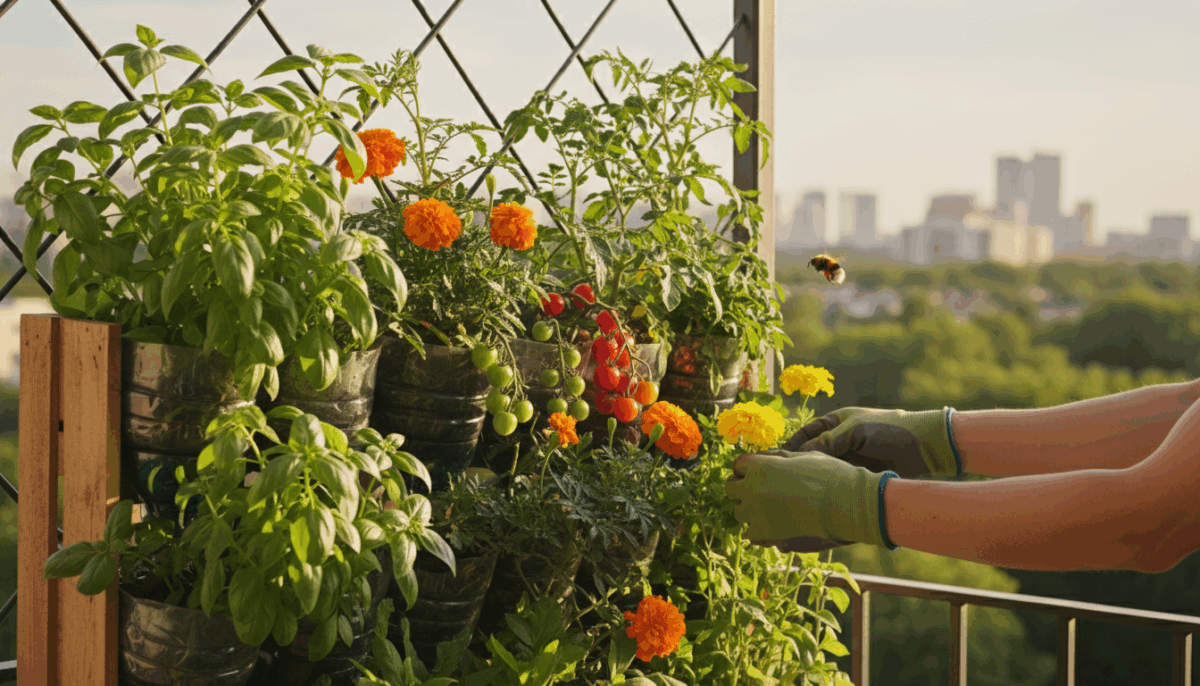 A rustic wooden planter box on a sunny balcony filled with thriving basil, marigolds, and a small tomato plant.