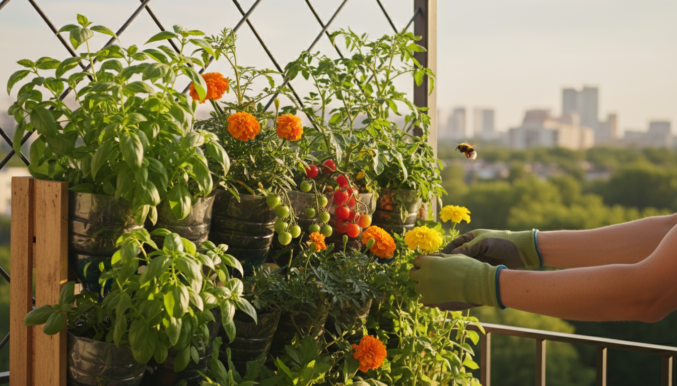 A rustic wooden planter box on a sunny balcony filled with thriving basil, marigolds, and a small tomato plant.