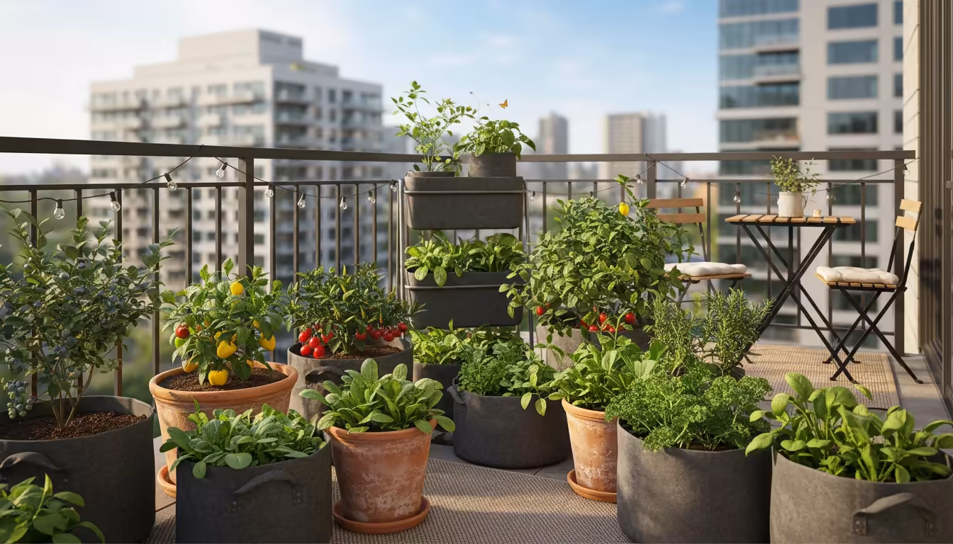 A sun-dappled urban balcony corner featuring diverse container vegetables: leafy greens, radishes, and bush beans in fabric bags, terracotta pots, and