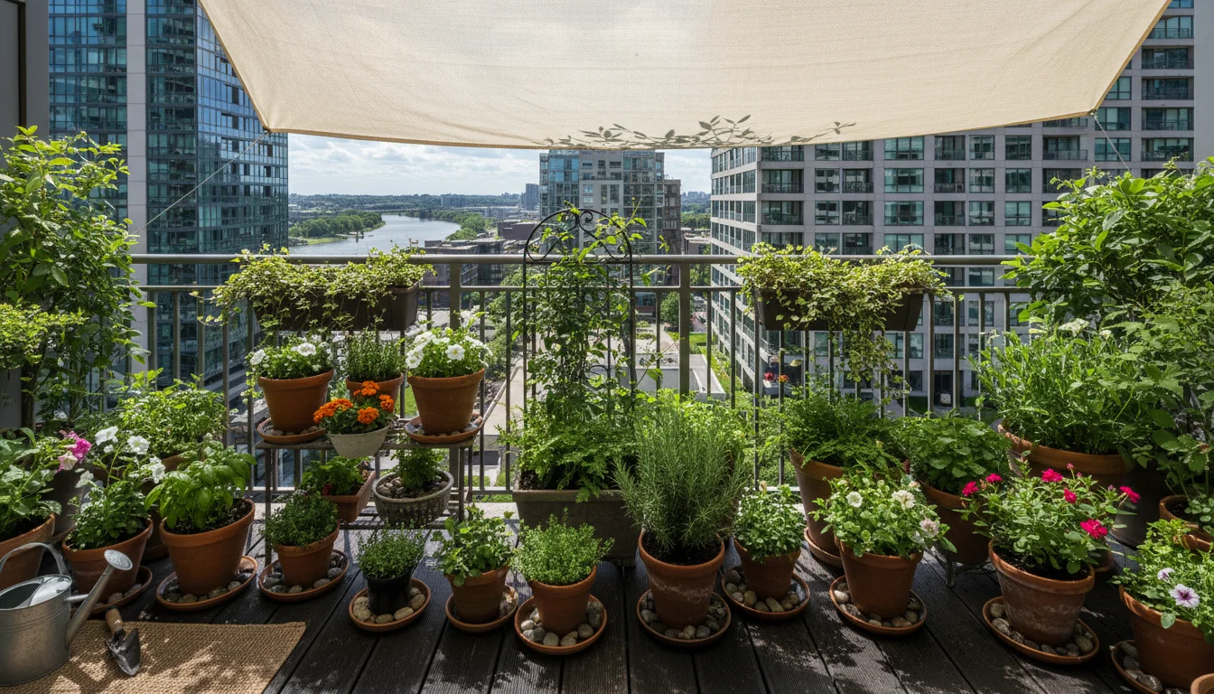 A sun-dappled urban balcony garden with a temporary cream shade cloth, grouped container plants on pebble trays, and a vining trellis.
