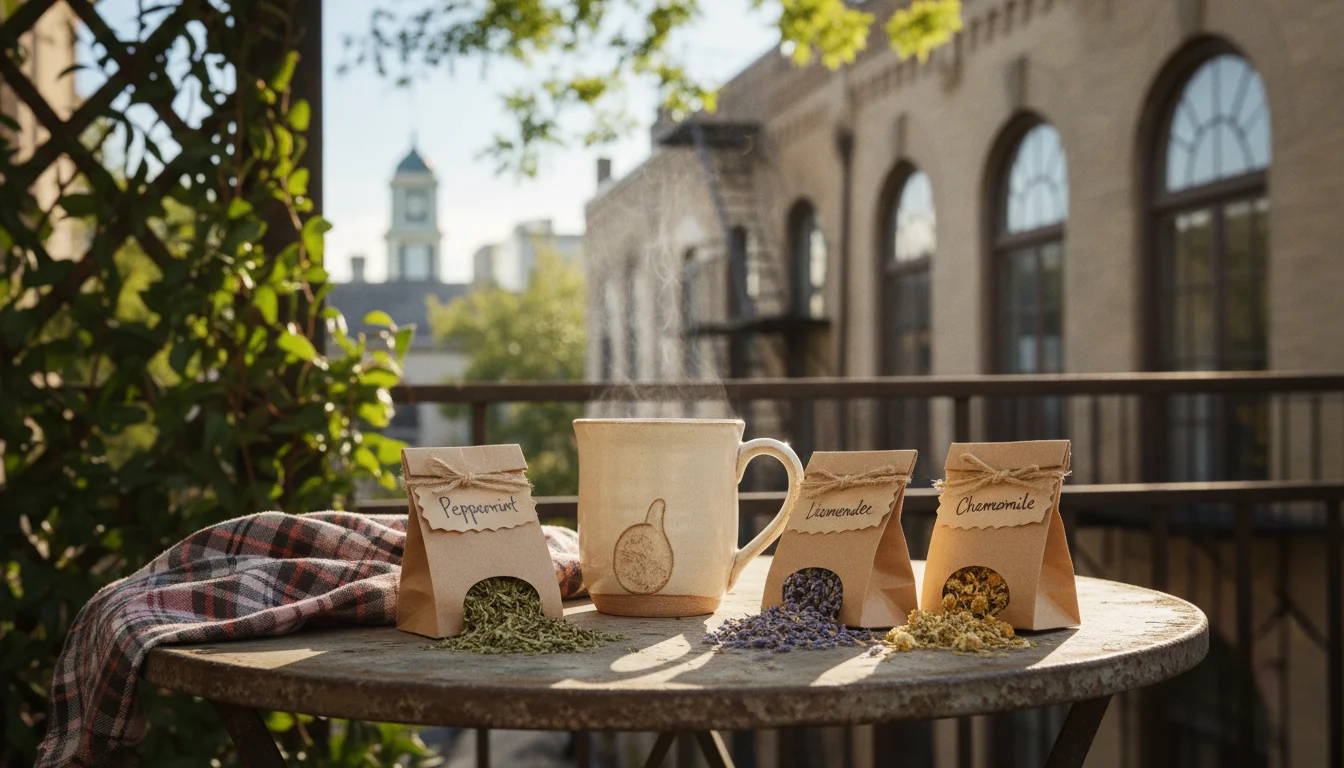 Sun-dappled urban balcony table with steaming mug, folded flannel cloth, and three small paper bags of dried peppermint, lavender, and chamomile. Pott