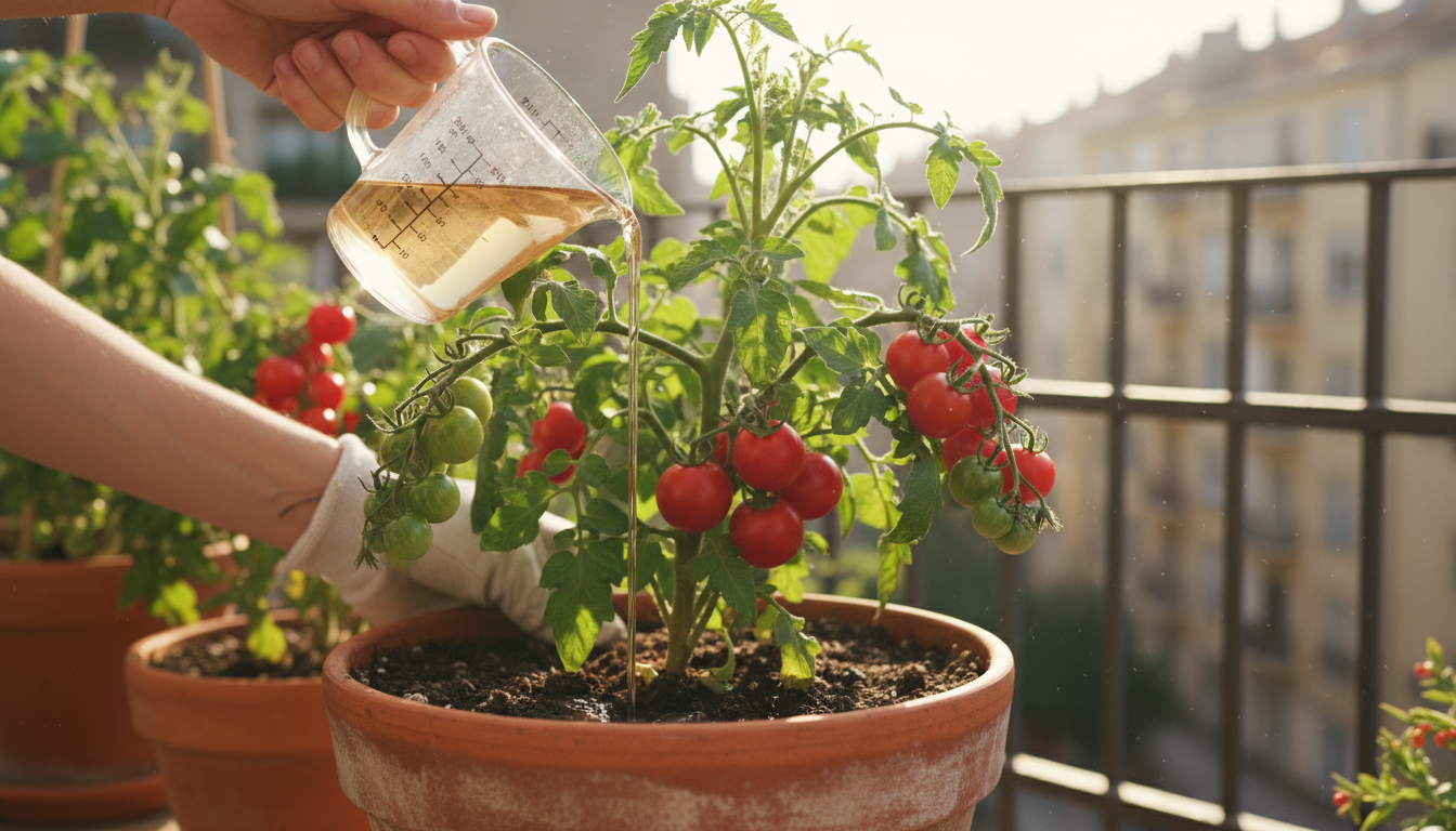 Woman on a balcony scooping nutrient-rich worm castings from a compact bin into a small pot, surrounded by thriving container plants.