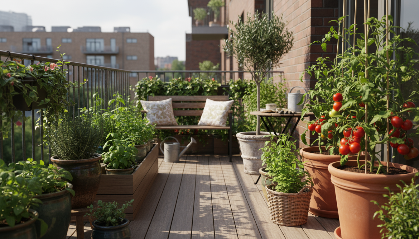 Container garden with companion plants: tomato and basil in one pot, mint and cabbage in separate pots on a sunny patio.