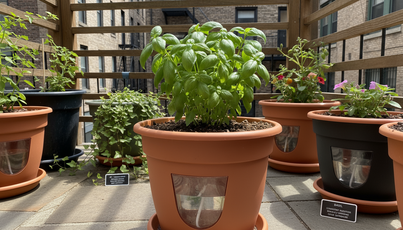 Diverse self-watering pots on a sunny urban patio, showing a partially full reservoir and dry topsoil on a healthy basil plant.