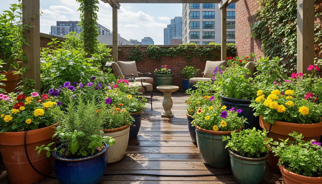 Sun-dappled urban patio featuring diverse container plants efficiently watered by a discreet micro-drip irrigation system, emphasizing low-maintenance