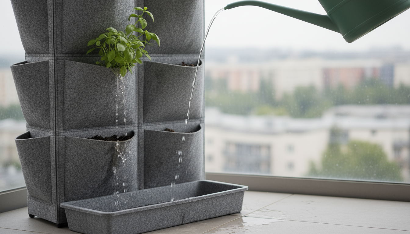 A repurposed grey fabric shoe organizer hanging on an apartment balcony wall, filled with thriving herbs and small flowers in its pockets.