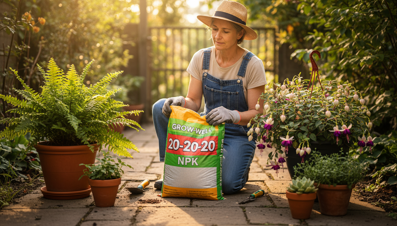Person's hands lift a plant in a nursery pot from a ceramic cachepot. A larger terracotta pot with drainage waits on a wooden stool in warm light.
