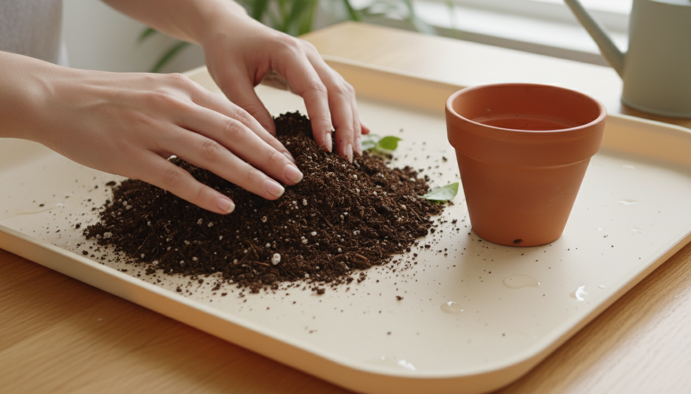 Person closely examining a basil plant leaf for spider mite webbing on a sunny windowsill, with a spray bottle nearby.
