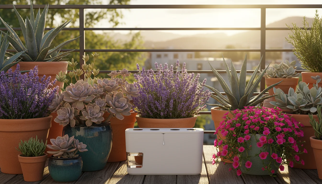 Sun-drenched balcony garden featuring diverse water-wise plants like succulents, lavender, and portulaca in various self-watering containers.