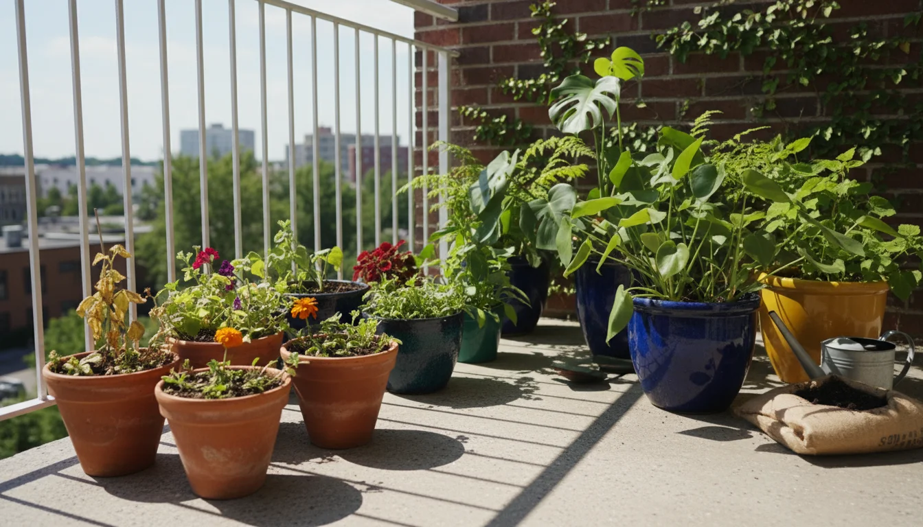 Sun-drenched balcony garden with terracotta pots and glazed planters, some plants looking thirsty, others lush, illustrating varied watering needs.
