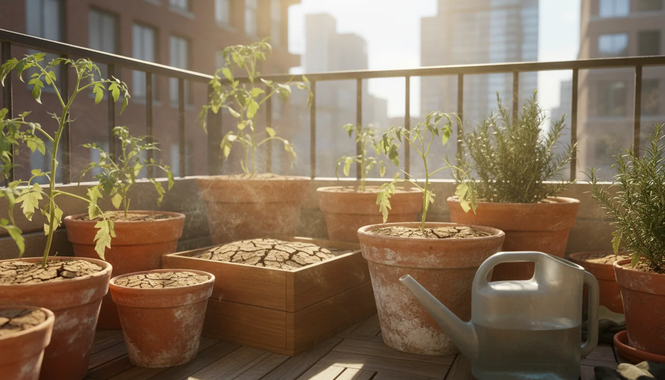 Sun-drenched balcony pots with dry, cracked soil and slightly wilted plants. An empty brass watering can lies nearby.
