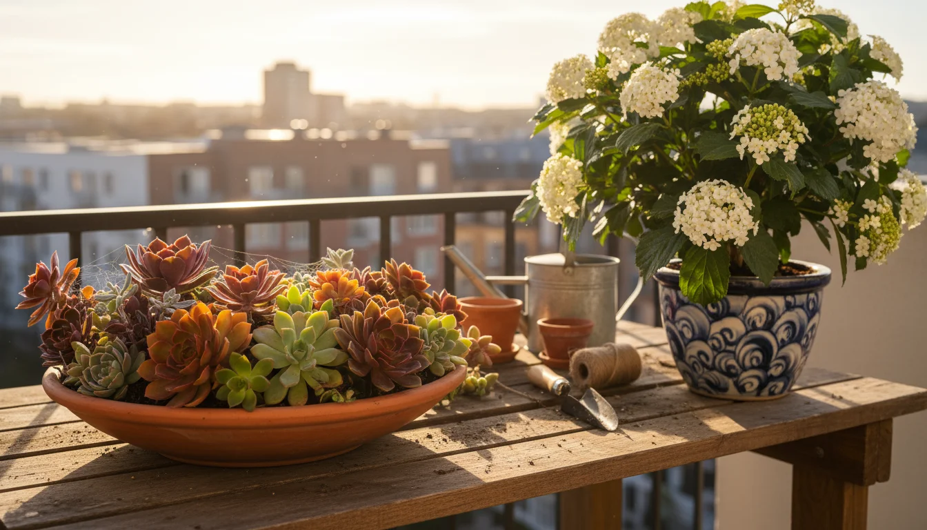 A sun-drenched balcony potting bench displays two distinct container gardens: a terracotta bowl with vibrant succulents and a ceramic pot with a lush 