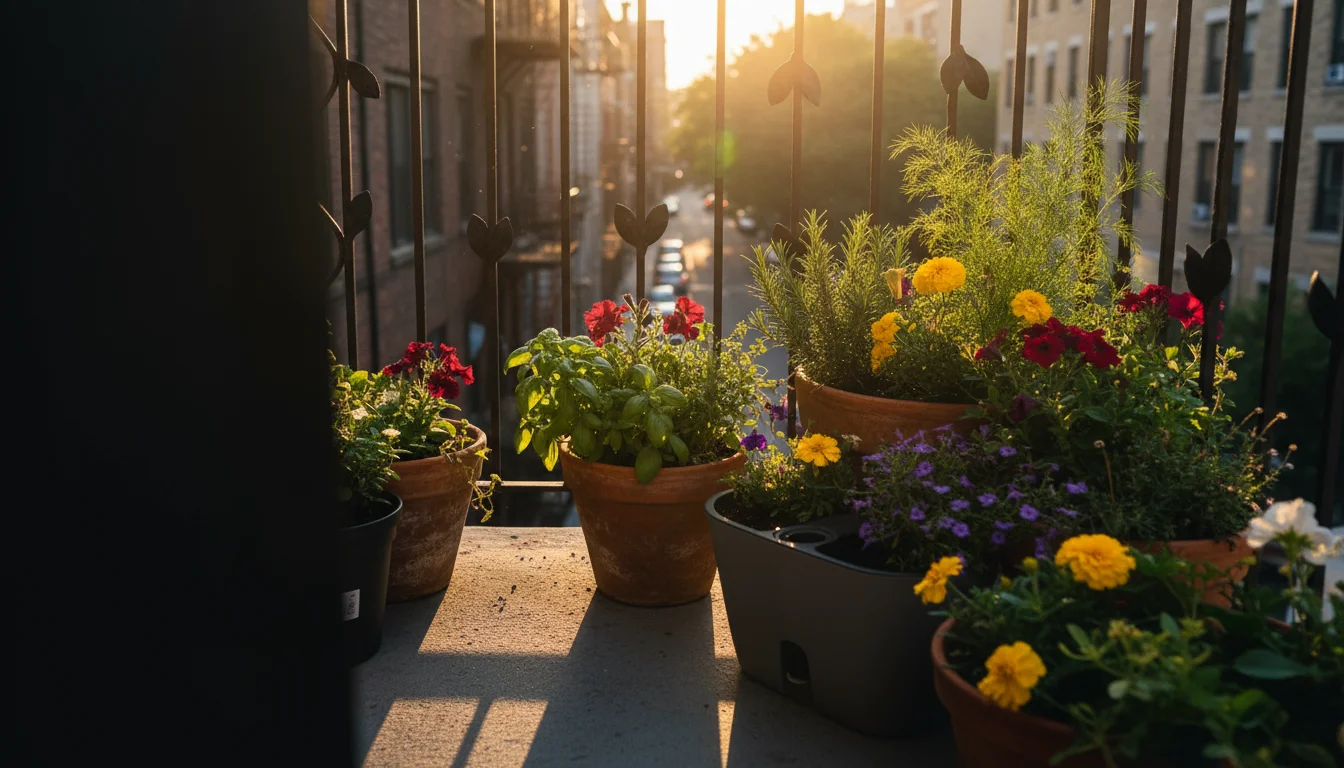 Elevated view of a sun-drenched balcony segment. A distinct shadow line separates potted plants in full sun from those in shade. A hand touches warm s