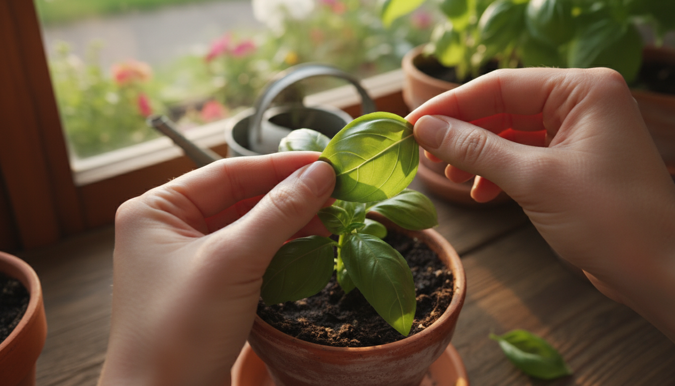 Indoor plant shelf displaying herbs in varied pots: terracotta (basil, rosemary), ceramic (parsley), and plastic (mint), illustrating container size a