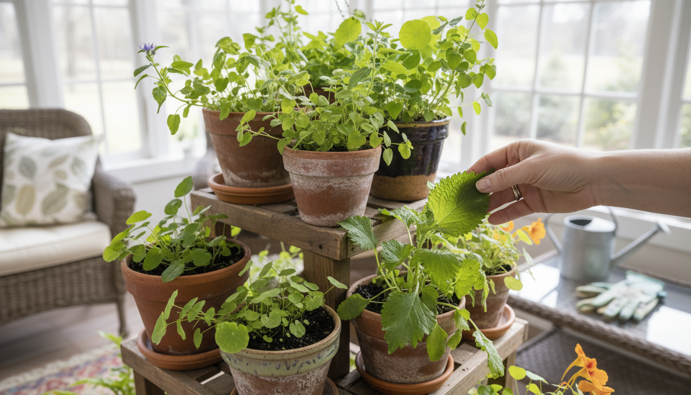 Person's hands planting a herb cutting on a sun-drenched table, surrounded by new seed packets, a vertical planter, and various herb pots.