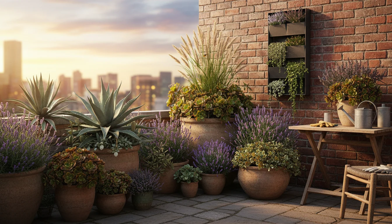 A sun-drenched, compact patio garden featuring diverse drought-tolerant plants in large containers and a vertical planter, glowing in golden light.
