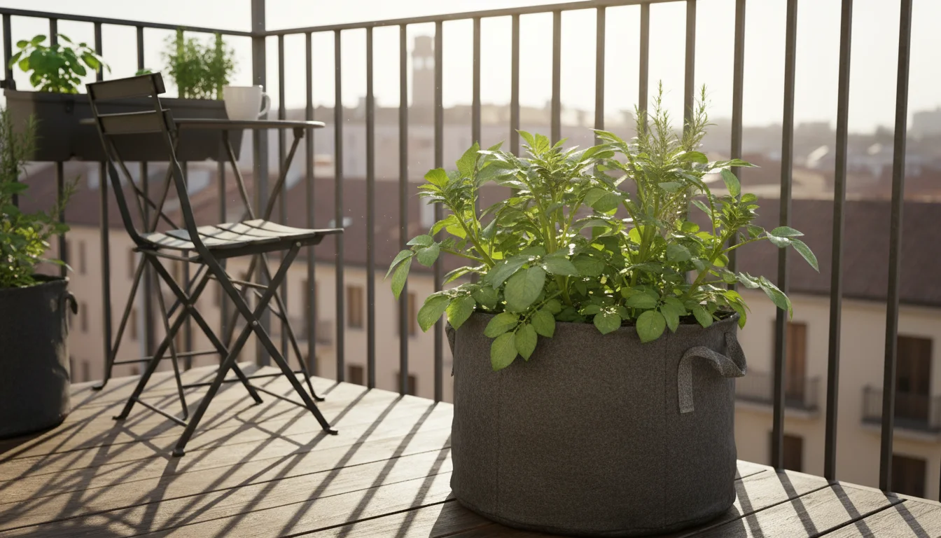 A sun-drenched dark grey fabric grow bag with potato foliage on a compact urban balcony, showing strong diagonal sunlight and a bistro chair.