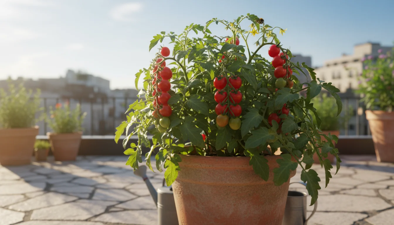 A sun-drenched determinate tomato plant in a terracotta pot on a bright urban patio, ripening red tomatoes visible.