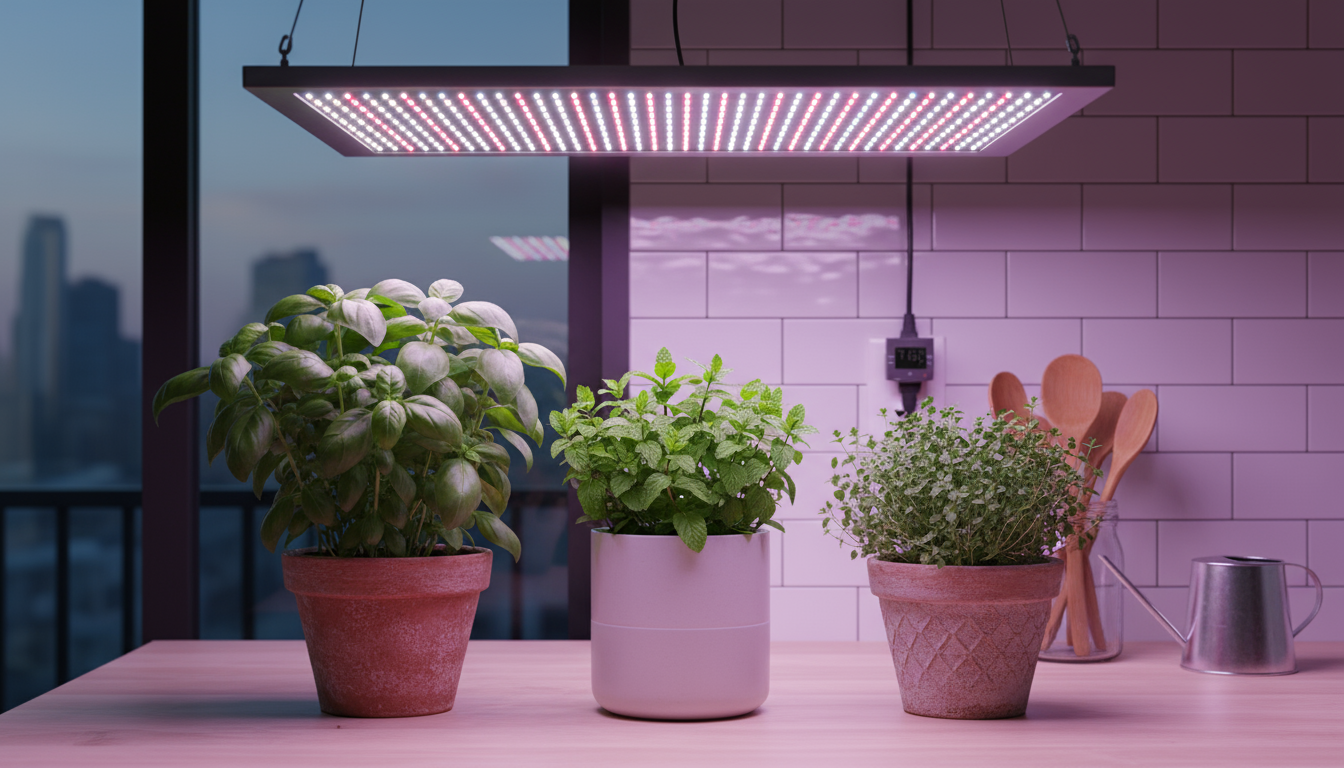 Sunlit windowsill: a rosemary plant in a nursery pot, an empty terracotta pot, and delicate green sprouts emerging from a seed tray.