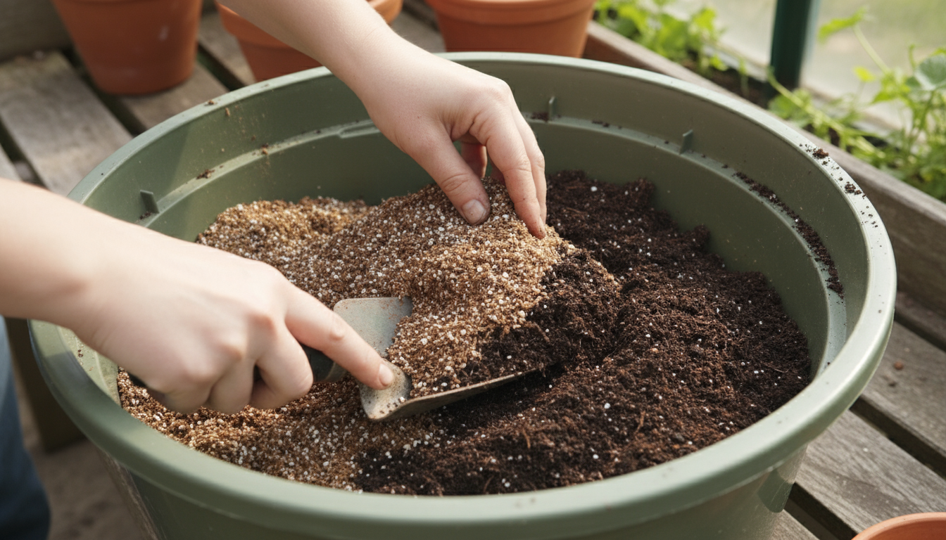 A hand tilts a terracotta pot, revealing drainage holes. In the background, varying sized containers with thriving plants on a sunny patio.