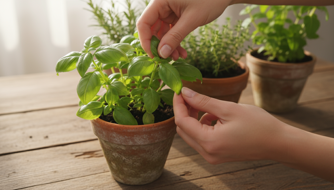 Close-up of herb cuttings like basil, mint, and lemon balm rooting in small glass jars on a sunny windowsill, showing visible white roots.