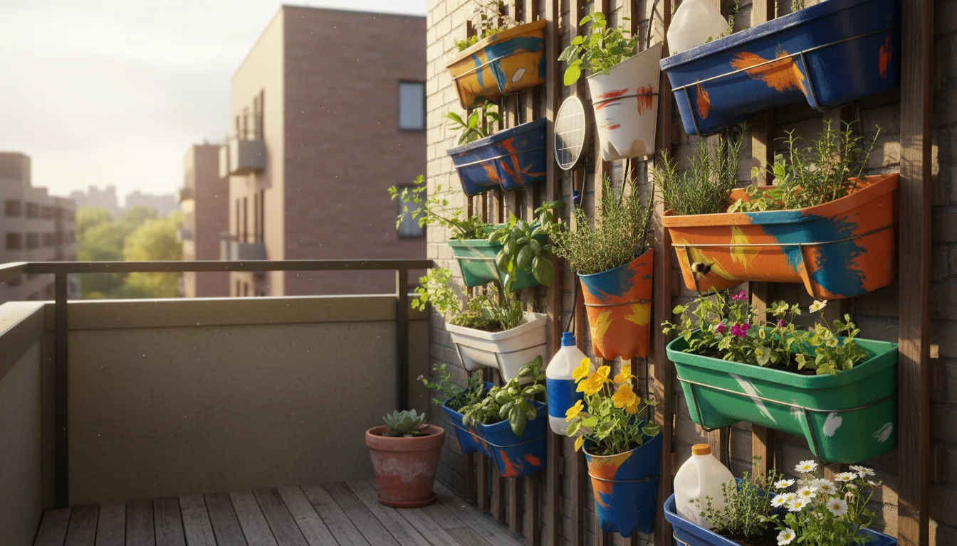 Sun-drenched, low-angle view of a vibrant vertical garden on a small balcony, made from repurposed plastic containers with healthy herbs and flowers, 