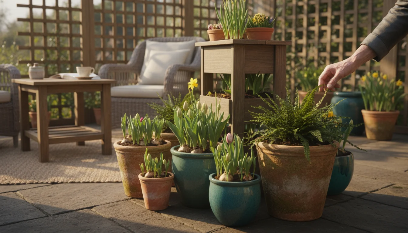A sun-drenched patio corner with diverse container gardens showing emerging green bulb shoots. An older hand gently tends to a pot.