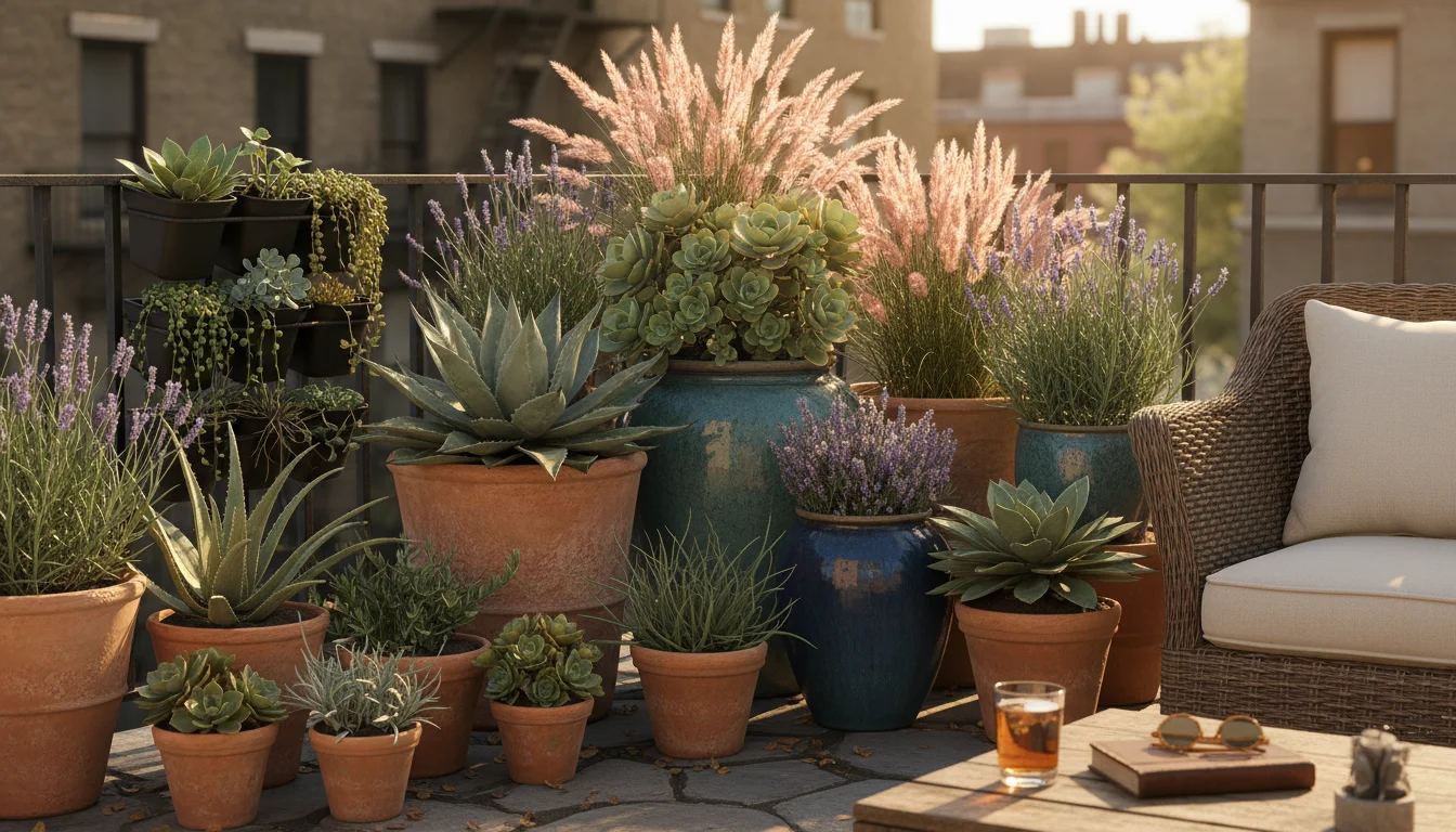 Sun-drenched patio corner features diverse drought-tolerant plants in various pots and a vertical planter, hinting at low-water solutions.
