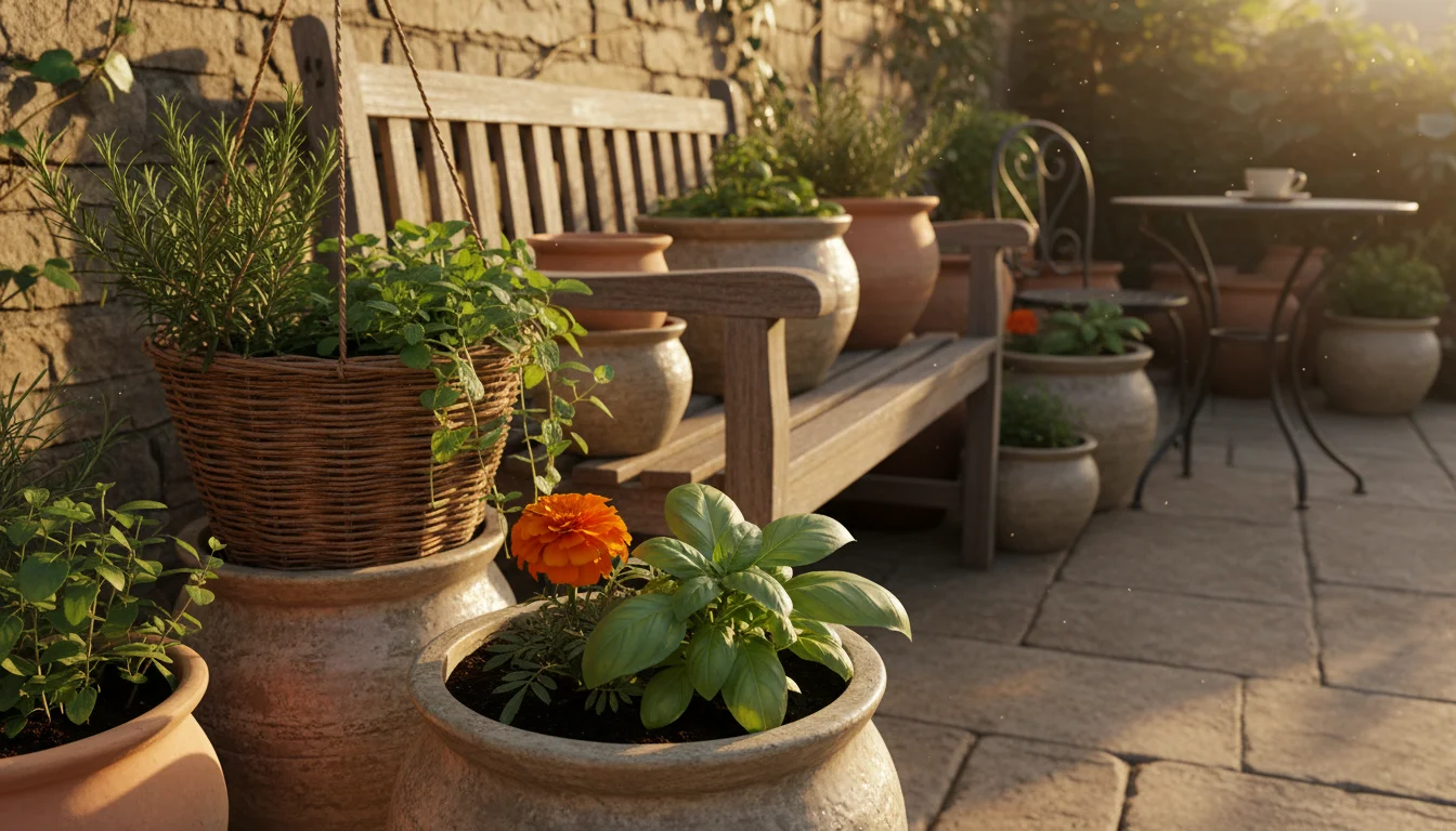 A sun-drenched patio corner features terracotta and ceramic pots. Vibrant marigolds are interplanted with lush basil and other herbs.