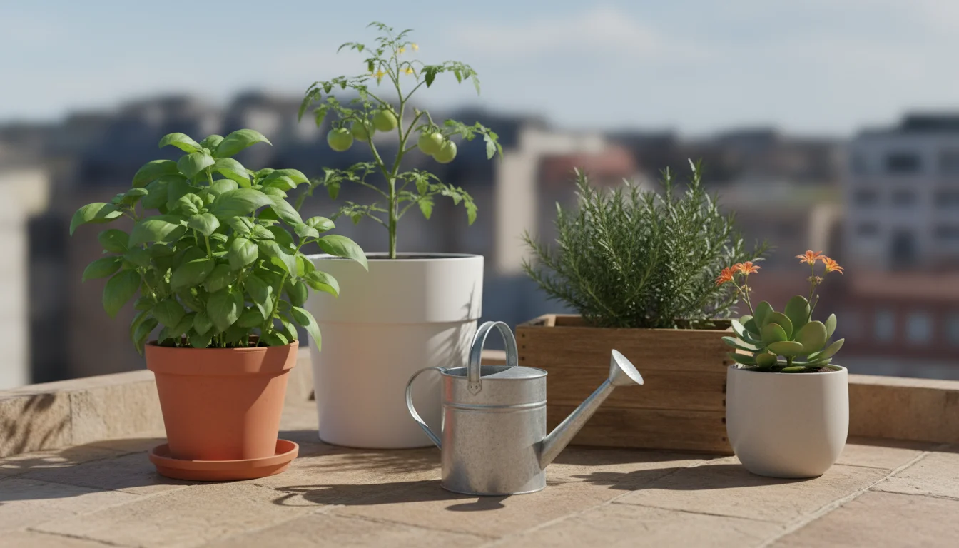 Sun-drenched patio corner with healthy basil, tomato, and petunia plants thriving in diverse containers, showcasing balanced growth.