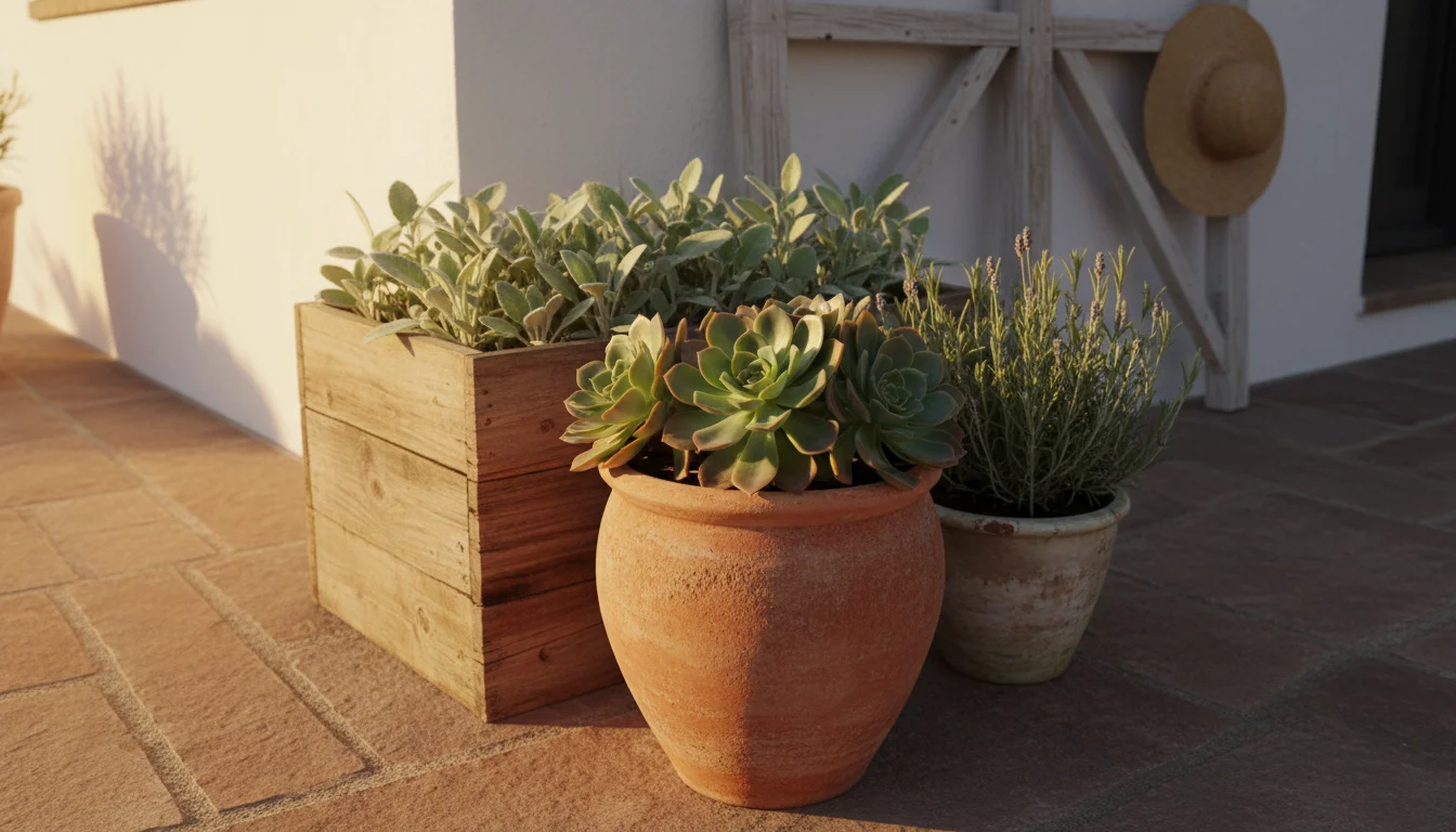 Sun-drenched patio corner with heat-tolerant container plants: a waxy echeveria, silvery Lamb's Ear, and small-leaf lavender.